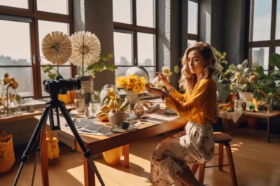 Influencer marketing, a stylish influencer in a sunny loft studio creating content with various branded products in view, large windows flooding the space with natural light and showcasing cityscape
