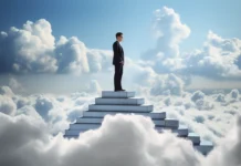 accountant standing in cloud on pile of books